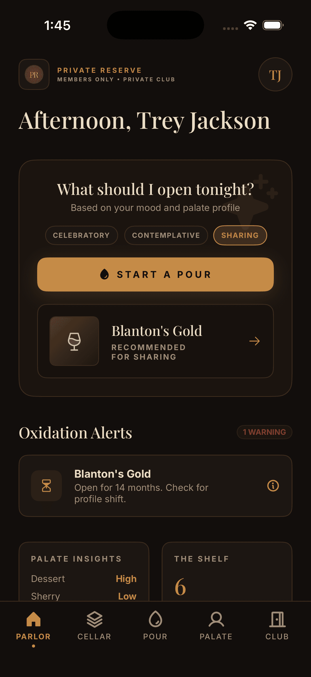 The Parlor — mood chips, tonight's recommendation, oxidation alerts
